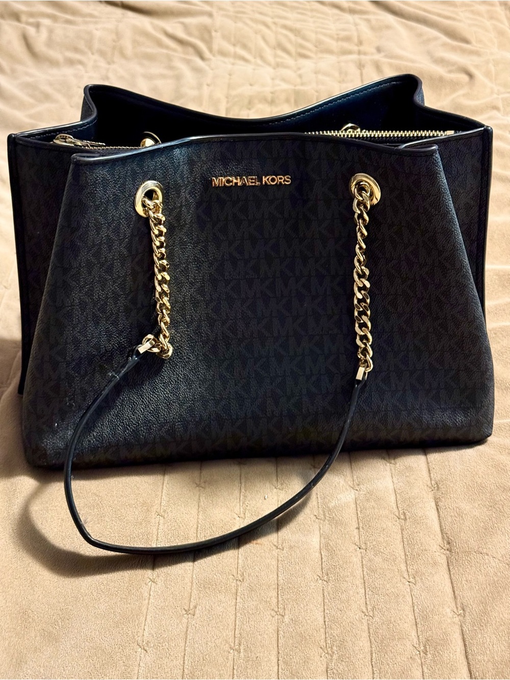 Michael Kors Black Logo Chain-Handle Tote with Gold Hardware